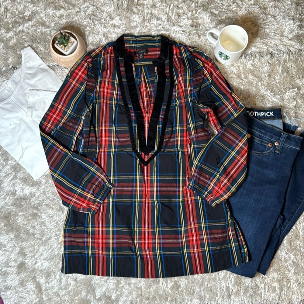 EUC J. Crew Tartan Plaid Holiday Tunic V-Neck Velvet Detail Top XS